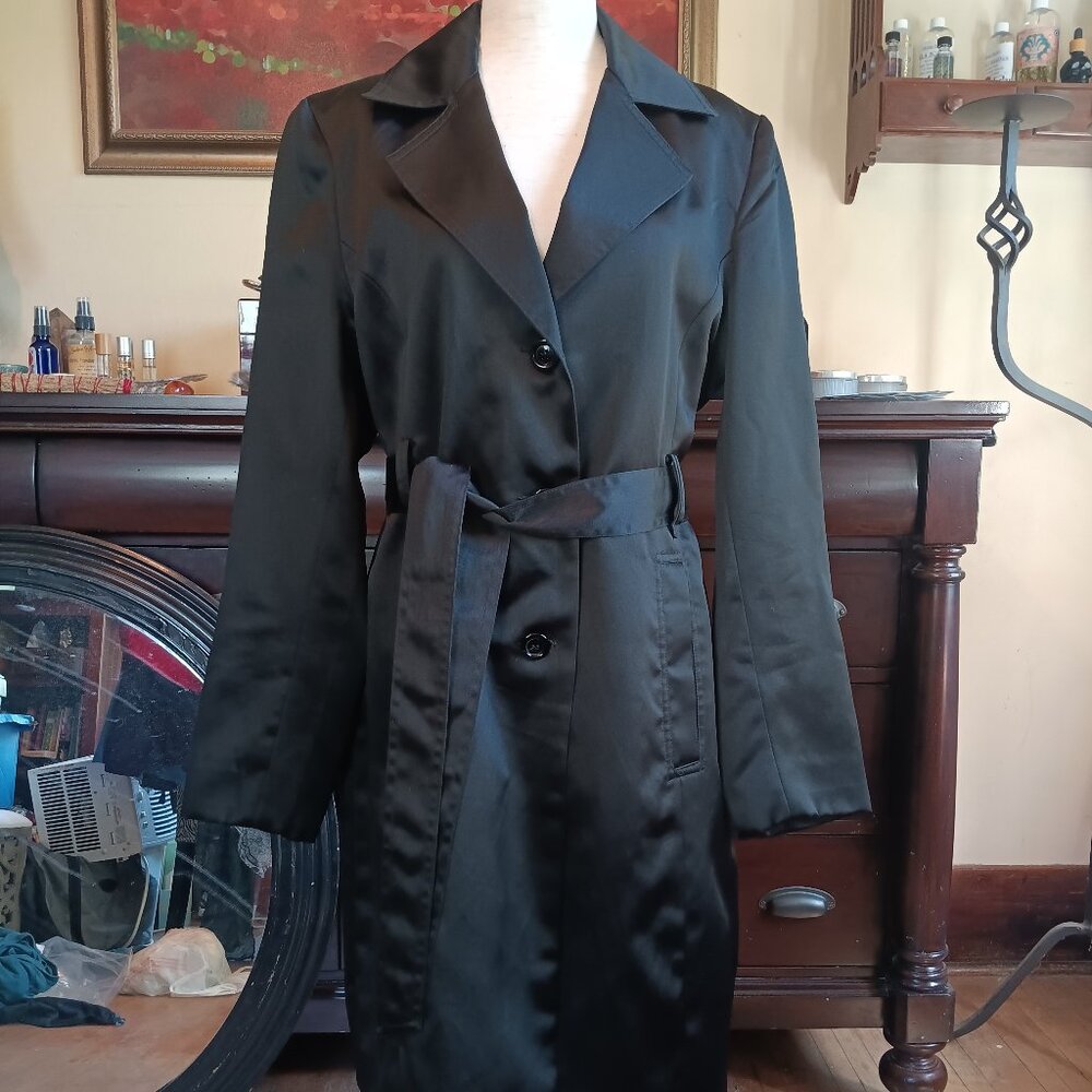 Express Design Studio Black, Satin Trench Coat, Medium